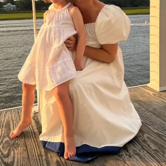 De Loreta x Tuckernuck White and Navy Kion Midi Dress, S, Like New - Picture 3 of 7